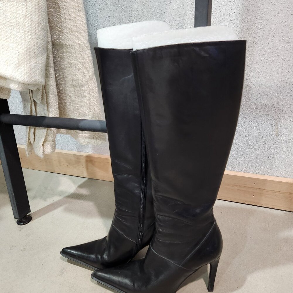 GUESS By Marciano | Black Leather Tall Houston Boots Heel 7W - Picture 2 of 12